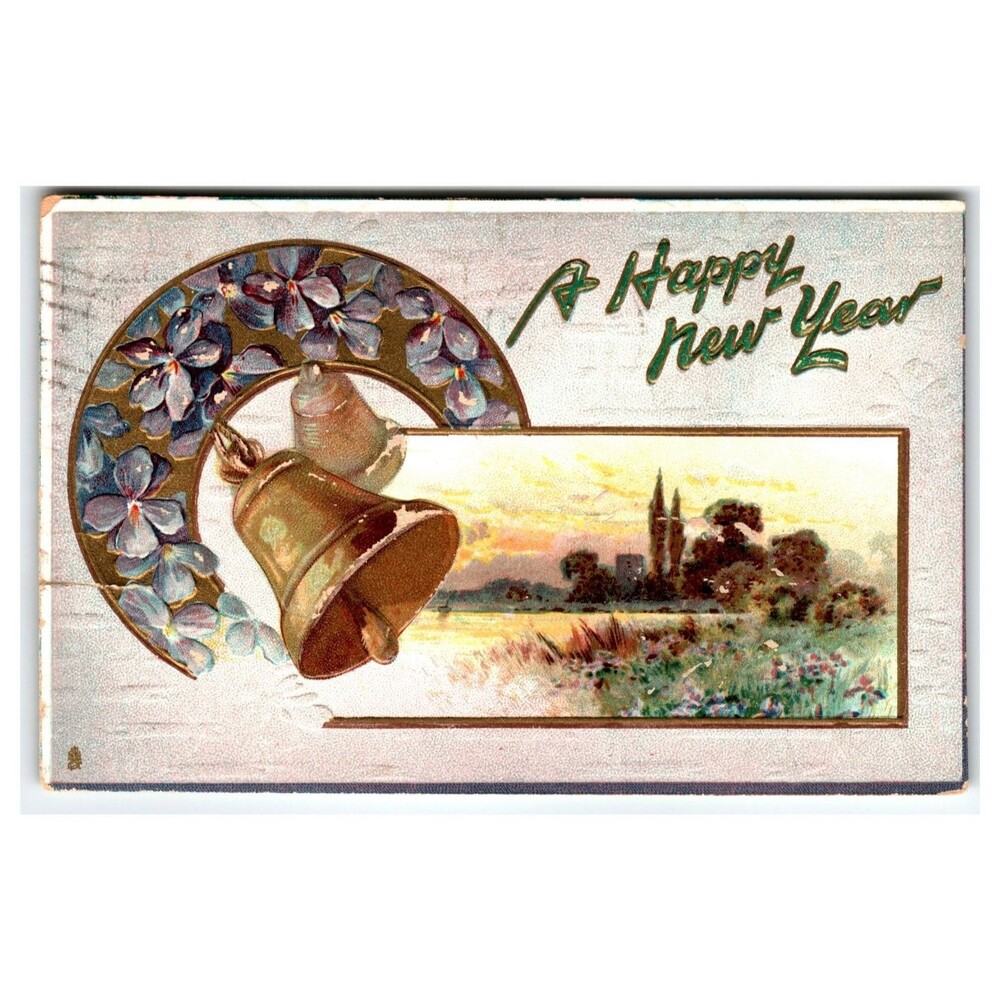 Raphael Tuck New Year Postcard Bells Floral Arch Embossed 1909 Posted